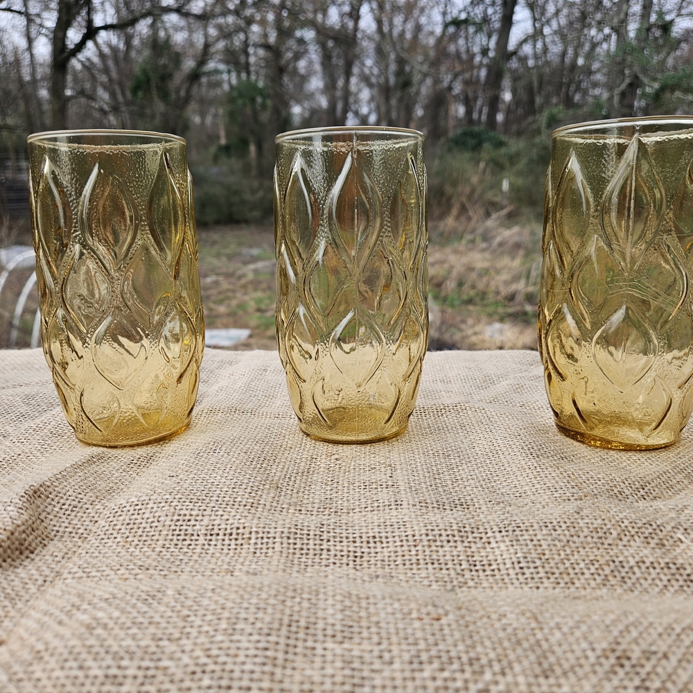 Set of Three Vintage Amber Glass Tumblers Libbey Madrid Pattern 60s 70s Era Boho - Picture 6 of 12